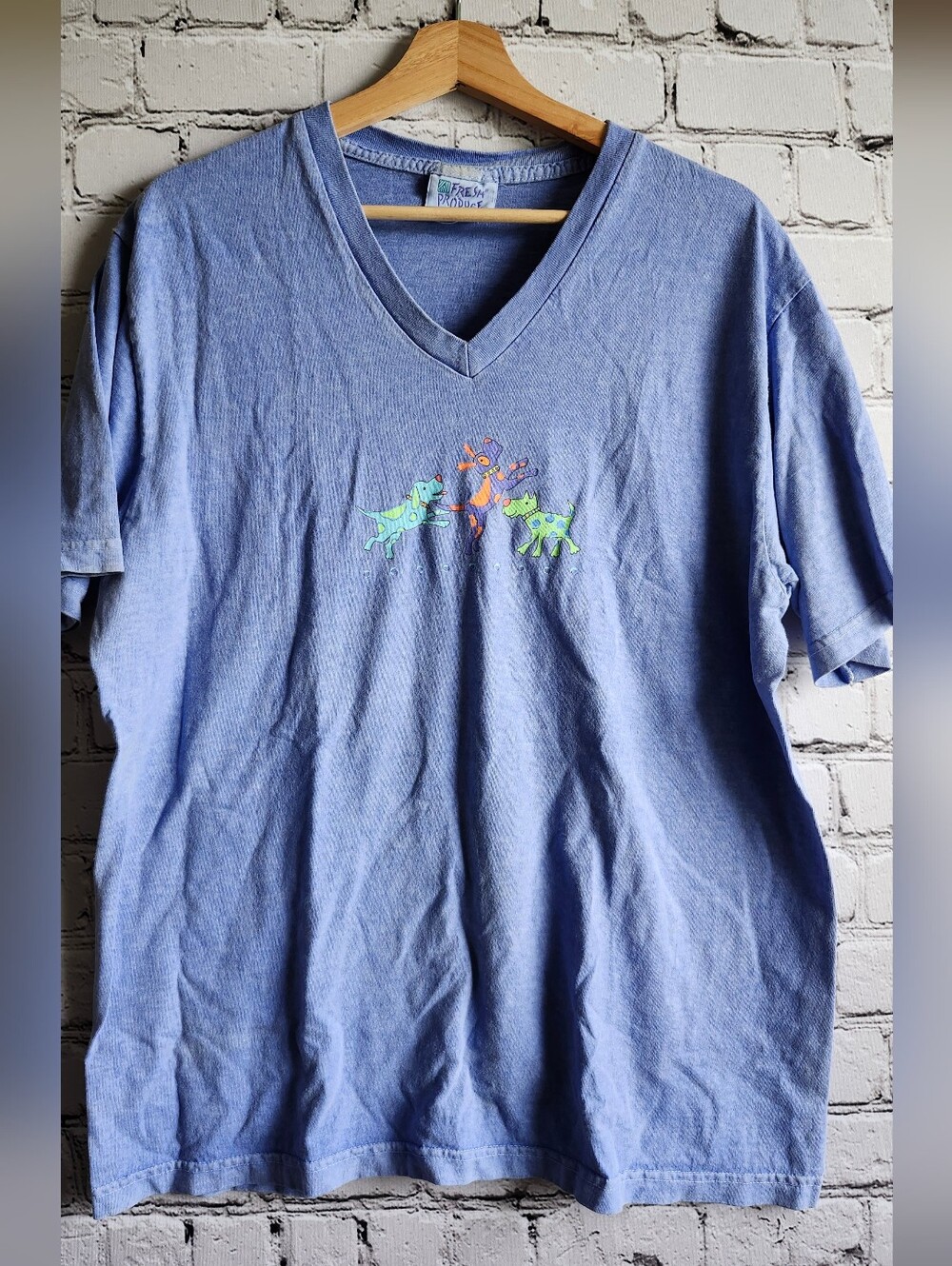 Vintage fresh produce Light Blue V-Neck cotton T-Shirt 3 Dogs